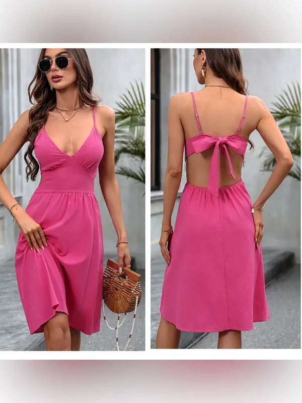beachsissi V Neck Solid Color Tie Back Dress - Image 2