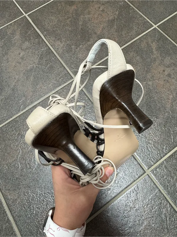 COS Lace Up Strappy Square Toe Sandals Leather Heels Black Cream US 10 EU 41 - Image 7