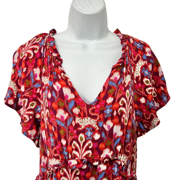 Anthropologie Pink Red Blue Ruffle Flutter Sleeve Dress size S Boho Tomato Girl - Image 9