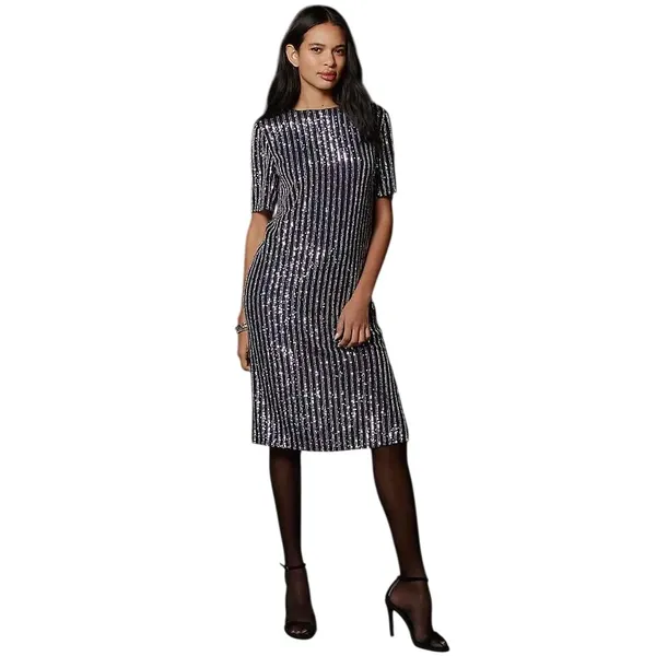 Anthropologie Flat White Sequin Stripe Midi Dress Womens M Blue Evening Cocktail - Image 3