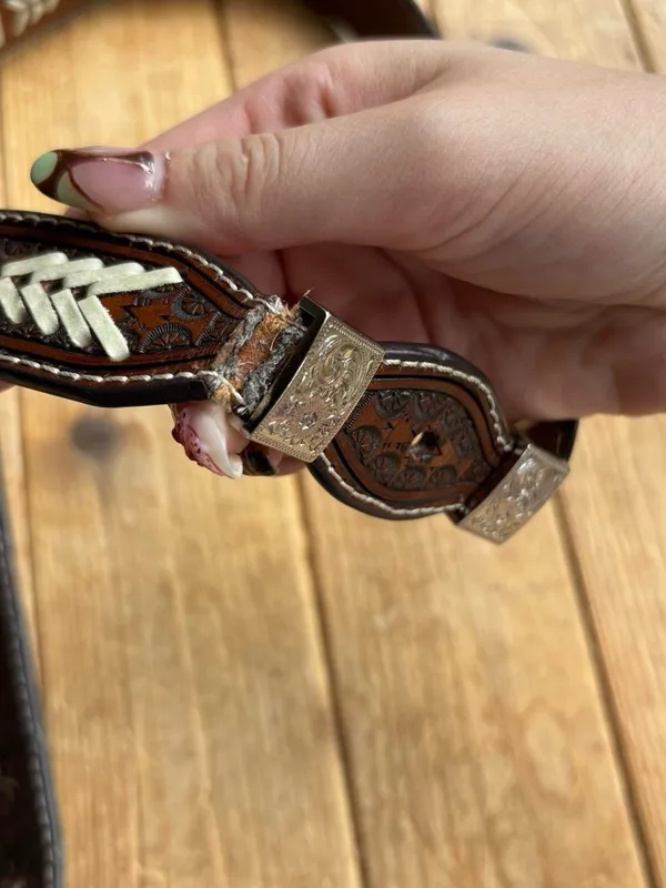 Brown Tooled Leather Belt with Silver Detailing - Image 5