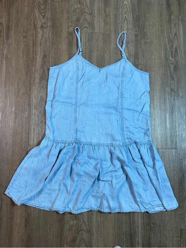 American Eagle Outfitters Light Blue Chambray Ruffle-Hem Mini Dress - Image 3