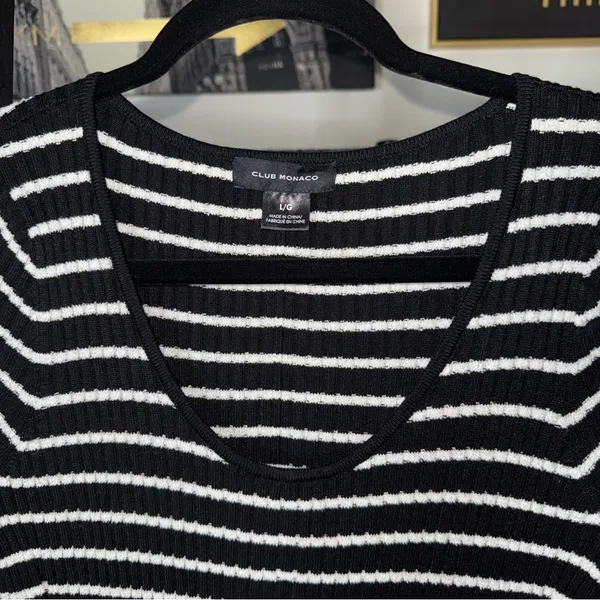 Club Monaco Black And White Striped Ribbed Midi Sweater Dress With Bell Sleeves - Image 9