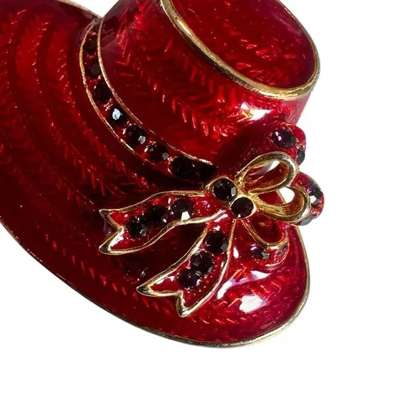 Red Enamel Wide-Brim Hat Brooch w/ Rhinestone Bow, Gold Tone - Image 2