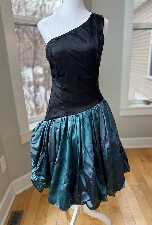Vintage 80’s Black Teal Satin One Shoulder Prom Dress Sz Small - Image 13