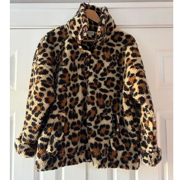 J.Crew Vintage Fleece Leopard Print Faux Fur Jacket Brown Tan Black Womens L - Image 3