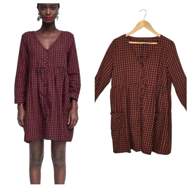 Zara Women Over Sized Long Sleeve Christmas Plaid Pocket Red M - Image 3