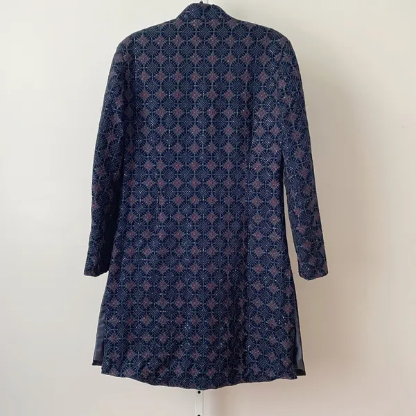 Laromani Blue Embroidered Sequin‎ Sherwani Nehru Collar Long Jacket Coat - Image 7