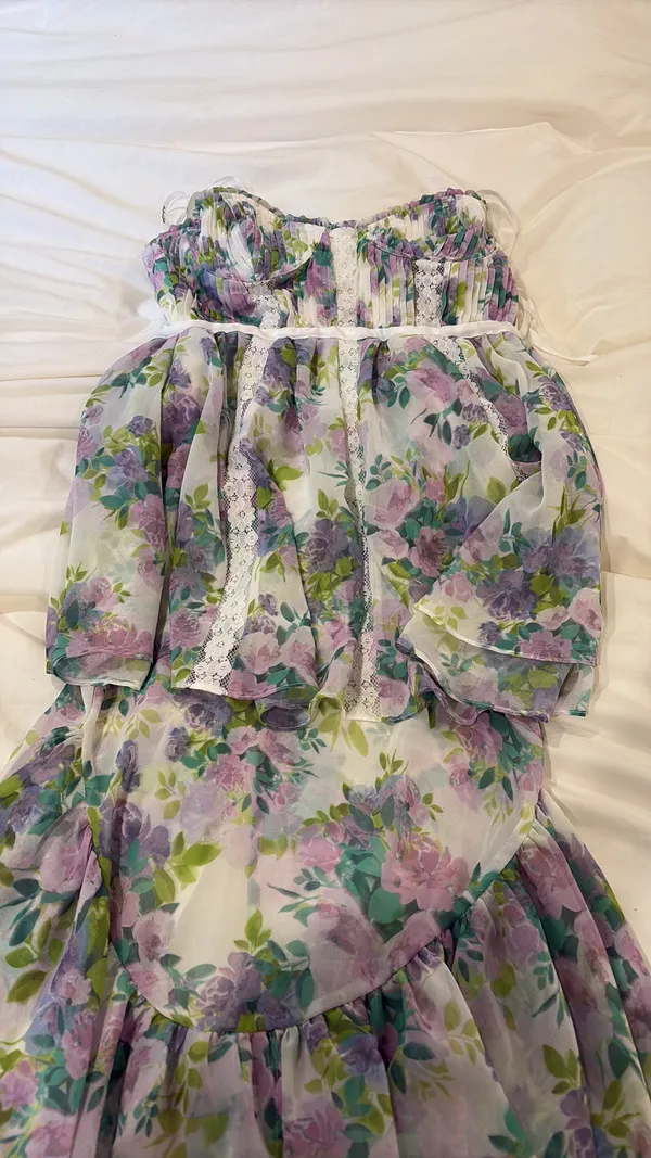 Floral Tie-Shoulder Sundress in Pastel Lavender & Green - Image 3