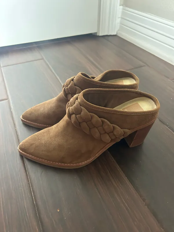 DV by Dolce Vita Suede Braided Mule Booties Brown Pointed Toe Block Heel Size 6.5 - Image 2