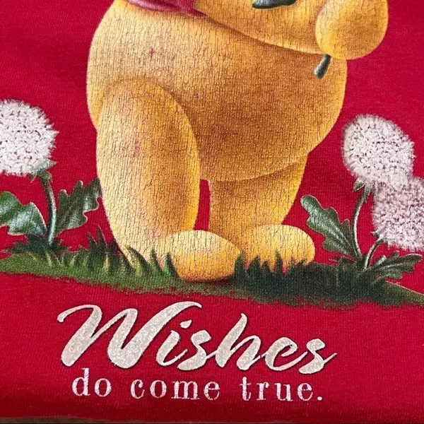 Vintage Y2K Disney Red Winnie the Pooh Wishes Do Come True Dandelion T-shirt L - Image 4