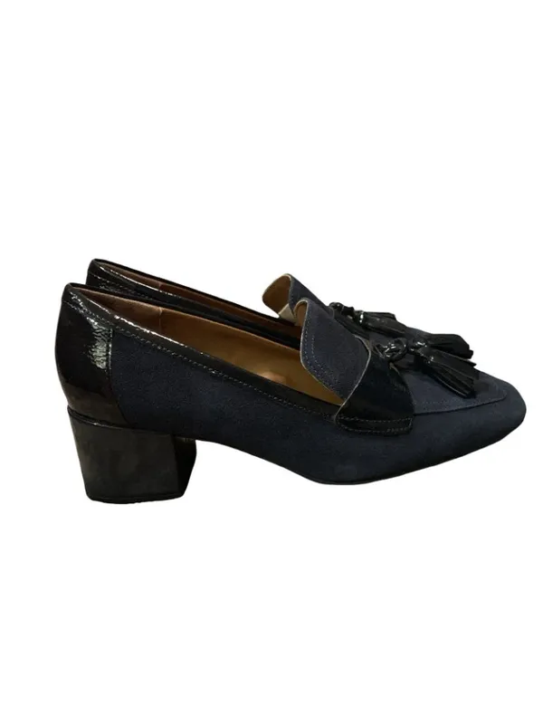 Donald Pliner 8 Kressida Tassel Loafer Pumps Blue Suede patent Block Heel Chunky - Image 3
