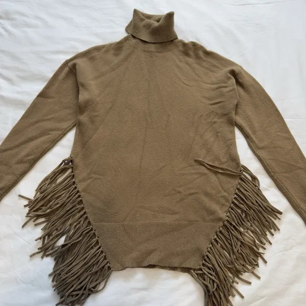 Stella + Lorenzo Women’s Sweater Fringe Hem Turtleneck Tan Boho Knit Size S - Image 3