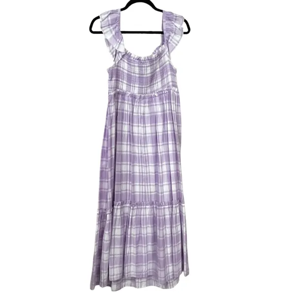 Main Strip Smocked linen type gingham plaid dress - Image 4