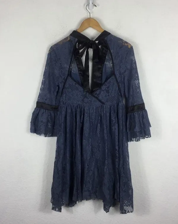 NWT Free People Gilded Lace Victorian Dusty Blue Bow Tunic Mini Dress Small - Image 14