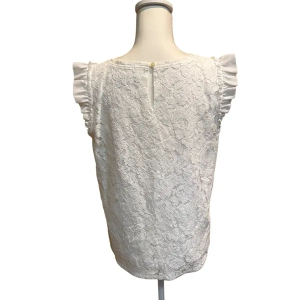 Loft Women's White Top Blouse Crochet Overlay Short‎ Ruffle Sleeves Size Medium - Image 2