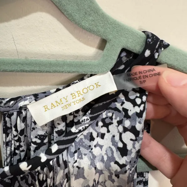 Ramy Brook Audrey Smocked Midi Silk Dress Black and White Print Sz S‎ - Image 8