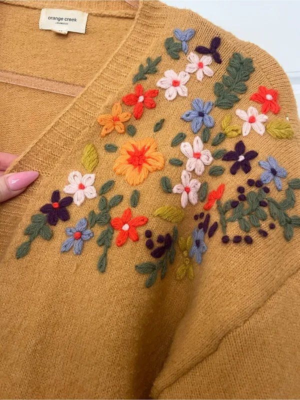 orange creek Embroidered Mustard Open-Front Cardigan embroidered Floral - Image 2