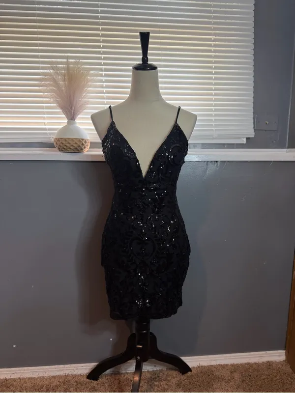 Lovesome Black Sequin Lace Up Open Back Bodycon Mini Dress Size M - Image 4