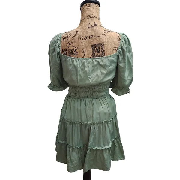 Blue Rain x Francesca's‎ Green Mini Dress Puff Sleeve Ruffle Tiered Womens - Image 2