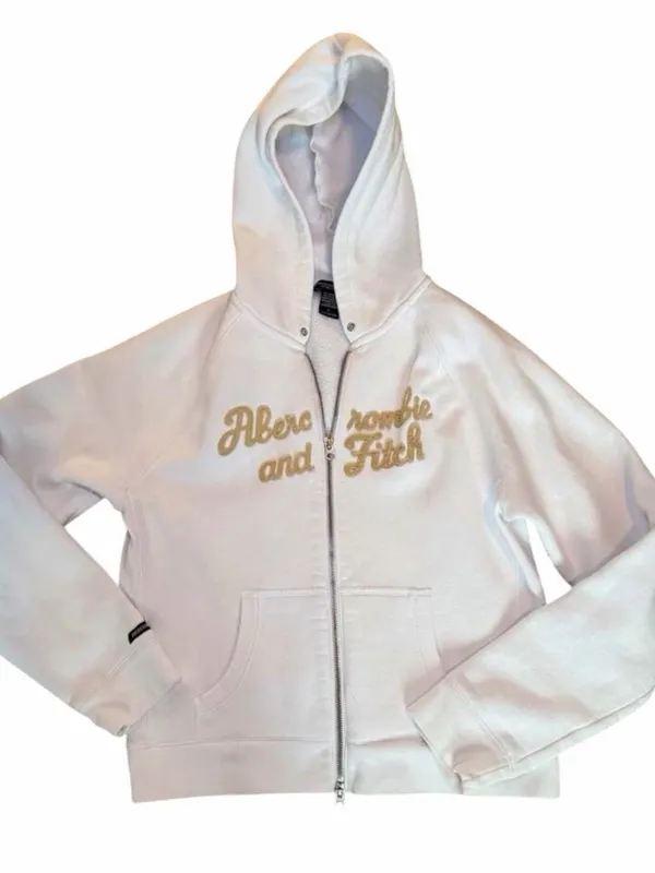 Vintage Abercrombie & Fitch Y2K White Full-Zip Hoodie with Gold Script Logo‎ - Image 5