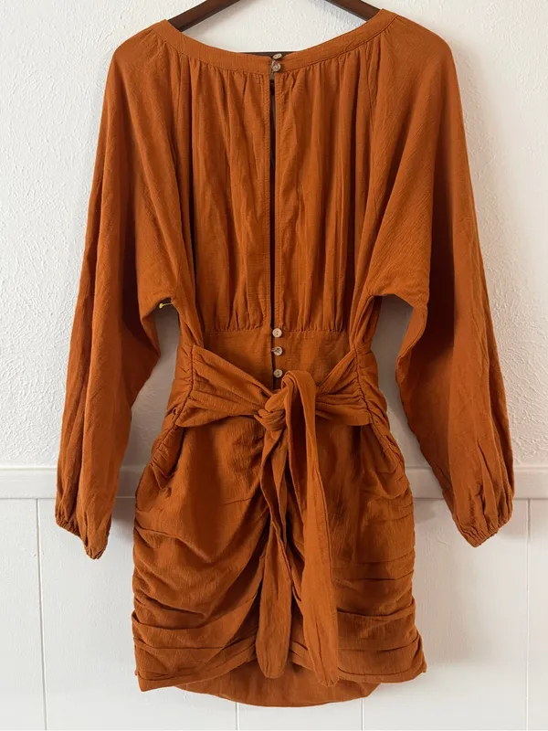 Free People The Only One Mini Dress M Rust Orange Ruched Open Back Boho - Image 4