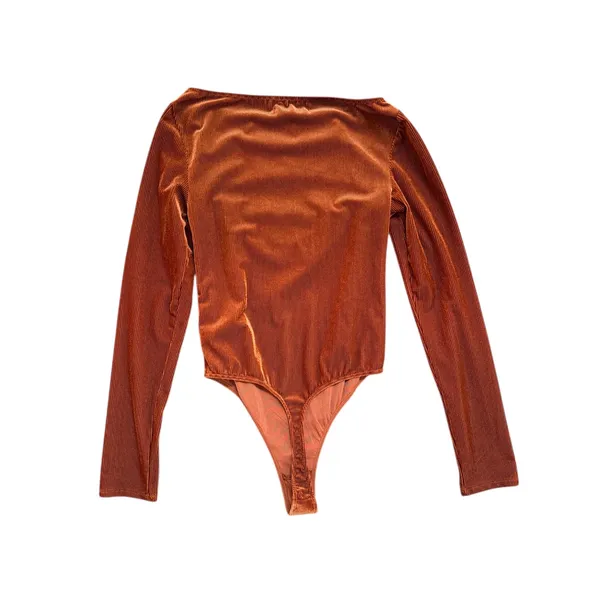Out From Under Urban Outfitters Rust Ribbed Velvet Cutout Long Sleeve Bodysuit S - Image 3