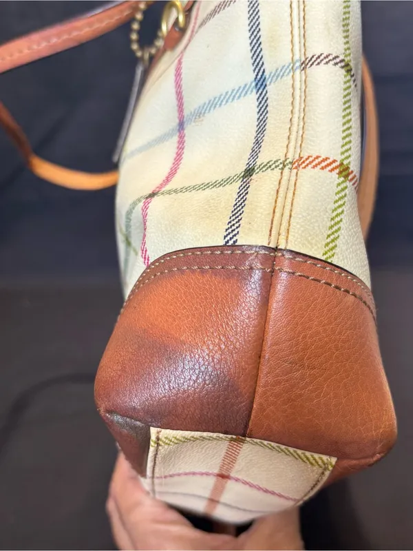 Vtg Coach Heritage Tattersall Plaid Coated Canvas Tote & Wallet with Blue Stripe - Image 6