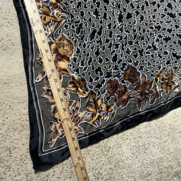Unbranded Floral Leopard Print Square Scarf Womens OS Black Gold Sheer Silk Feel - Image 3