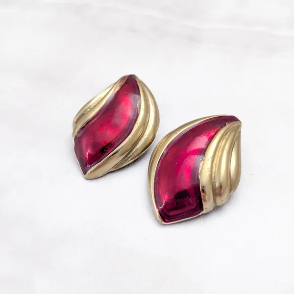 Vintage Clip On Earrings 1.5" Extra Large Red & Gold Tone - Fair Condition - Image 3