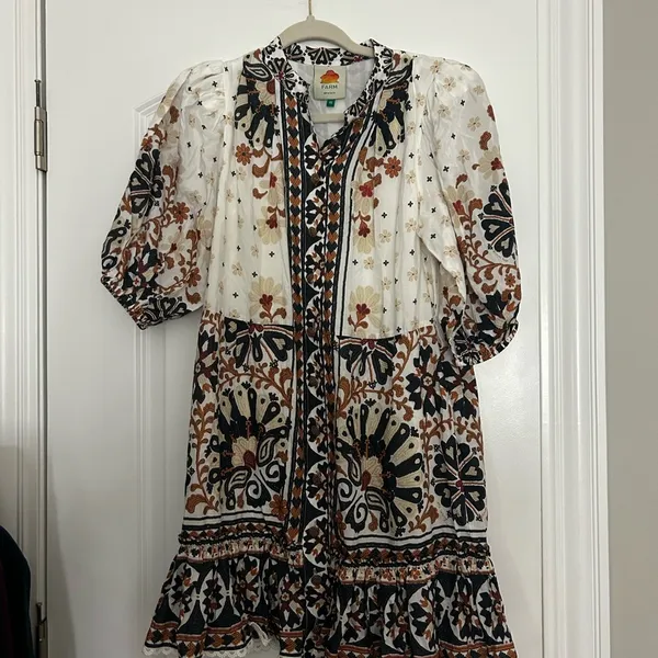 Farm Rio Flower Fan Tapestry Print Puff Sleeve Belted Mini Shirtdress - Image 4