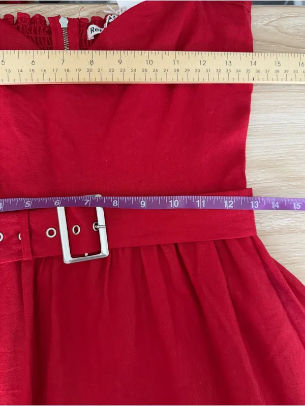 Reformation 4 NEW Tien Linen Dress Cherry Red Fitted Waist Puffy Holiday Belted - Image 8