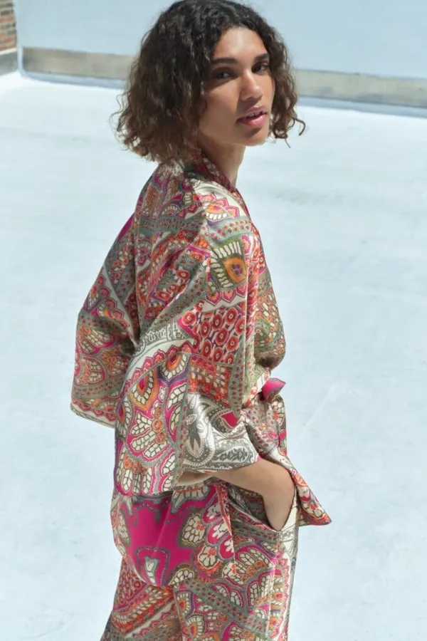 Zara Multicolor Satin Silk Paisley Print Duster Wrap Kimono Caftan Top Jacket - Image 2