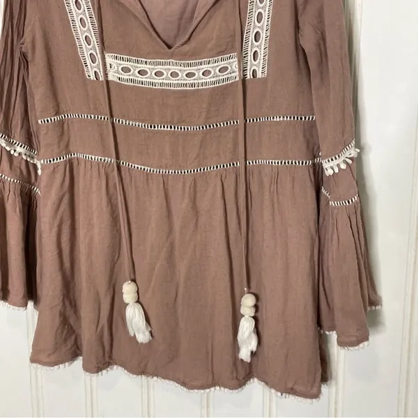 Show Me Your Mumu Romina Tunic Dress Mauve Boho Bell Sleeve Pom Pom Small 845 - Image 9