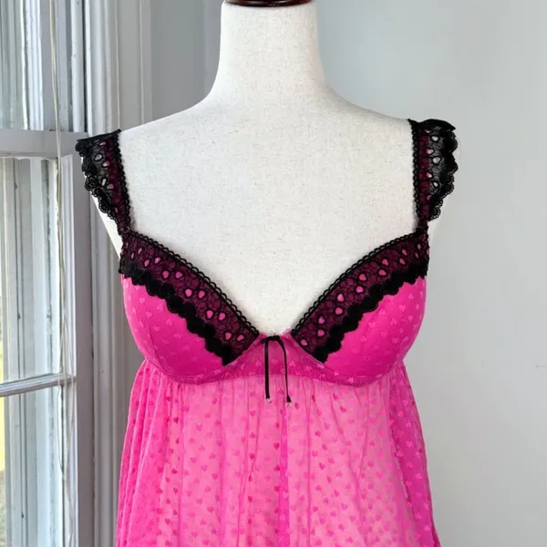Seductivewear by Cinema Etoile Pink Hearts Babydoll Chemise Black Lace Medium - Image 2