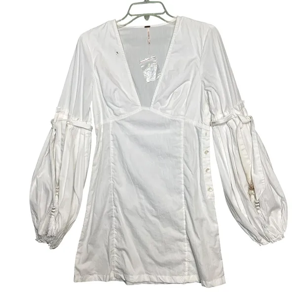 Free People Dress Womens XS White V-Neck Balloon Sleeve Mini Tassel Summer Boho - Image 2