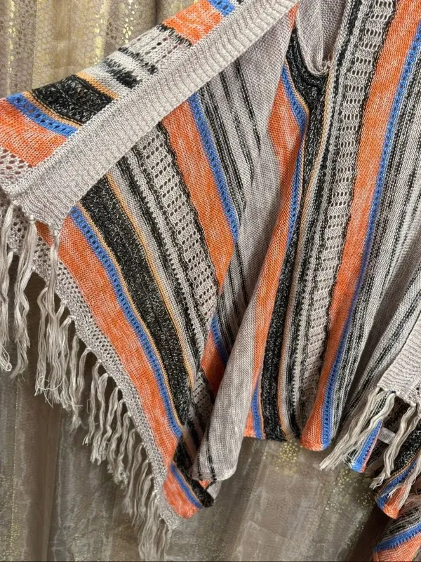 Umgee Striped Boho Fringe Hem Open Cardigan Tan Orange Black - Image 6