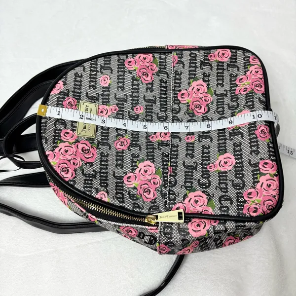 Juicy Couture Pink Rose Print‎ Black Logo Faux Leather Backpack - Image 7