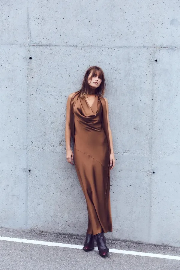 Zara dress gown maxi halter scarf satin plunge neck Brown Evening Wedding - Image 12