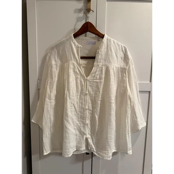 Aritzia Little Moon Sofia White Crinkle Gauze Button Blouse XS Relaxed Boho Top - Image 2