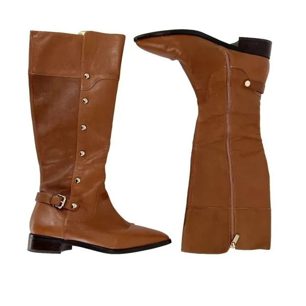 Michael Kors Tan Leather Riding Boots Knee High Zip Low Heel Size 10M Almond Toe - Image 2