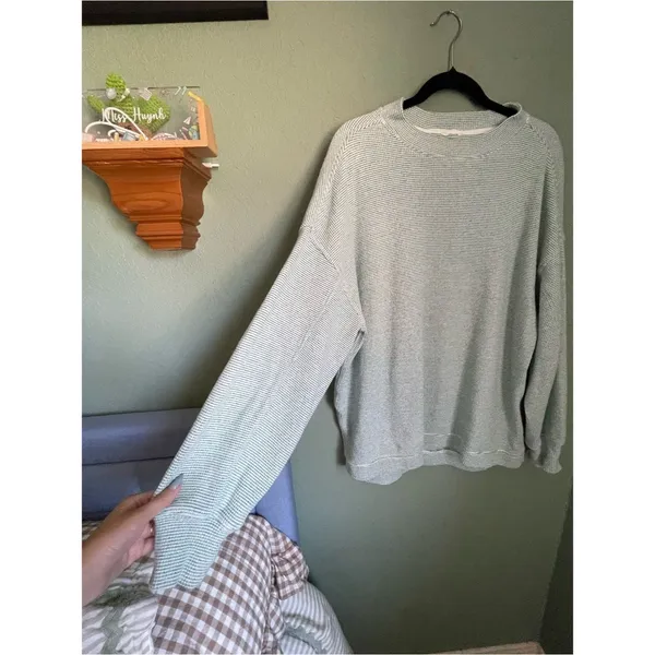 Aerie Waffle Soft Oversized Pullover Sweater Size Small Green White Thermal - Image 10