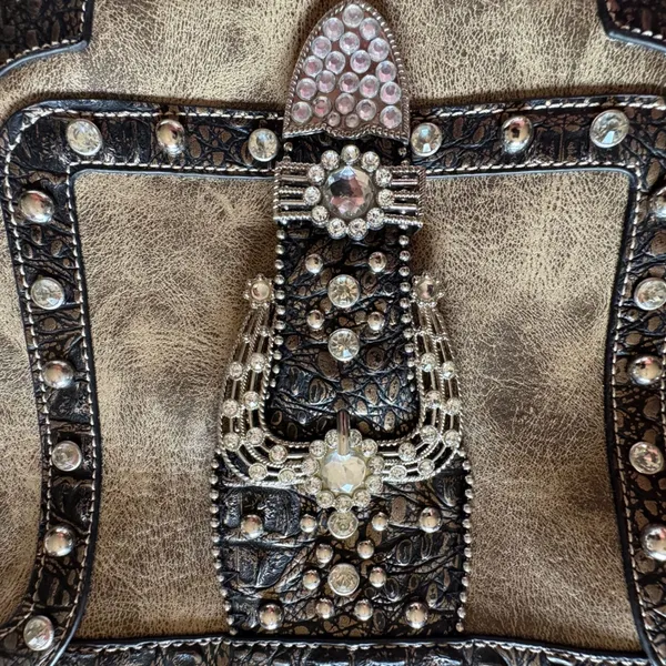 Western Rhinestone Buckle Crossbody Bag Studded Faux Croc Distressed Brown Bling - Image 2