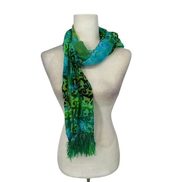 Velvet Burnout Shawl Scarf One‎ Size Silk Blend Fringe Retro Green Blue Vibrant - Image 4