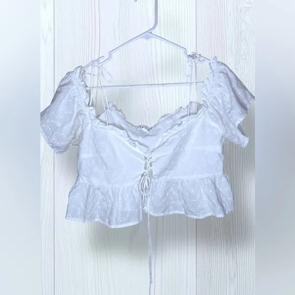 NEON ROSE Women’s White Eyelet Lace Crop Top Puff Sleeve Tie Front Peplum Blouse - Image 2