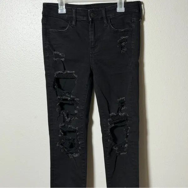 American Eagle Women Black Distressed Level Stretch Denim Jegging‎ Jean 4XShort - Image 2