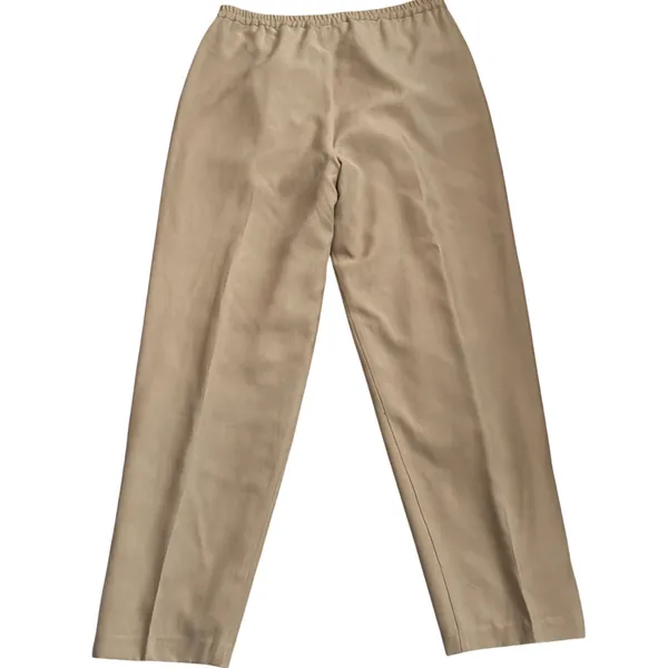 FT2 Tan 100% Silk Pleated Trousers High Rise Straight Leg Pants M - Image 2