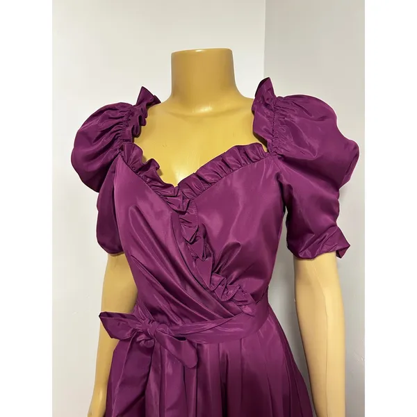 Vintage 80s Plum Purple Ruffle Puff Sleeve Maxi Dress Prom Gown Size 11/12 XS S - Image 3