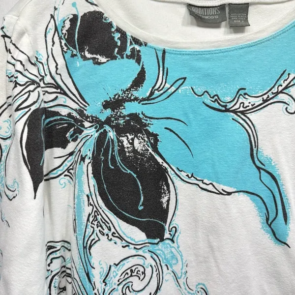 Chico’s Additions White with Teal & Black Flower 3/4 Sleeve 100% Cotton Top - Image 2