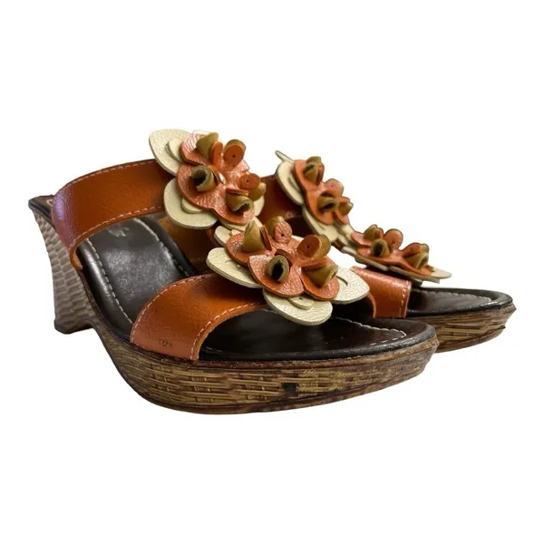 Bonita Floral Leather Wedge Sandals Cognac Brown Slide Mules Platform Heel - Image 8